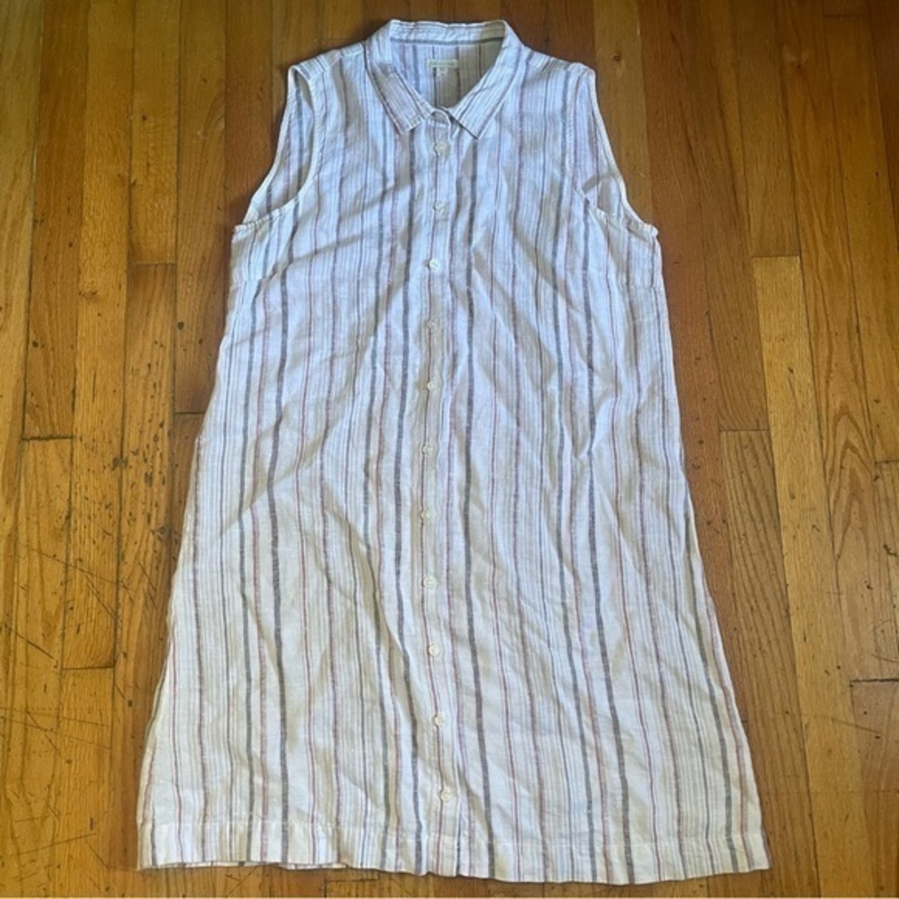 Garnet Hill White Collared Linen Striped Button Down Dress Size XL